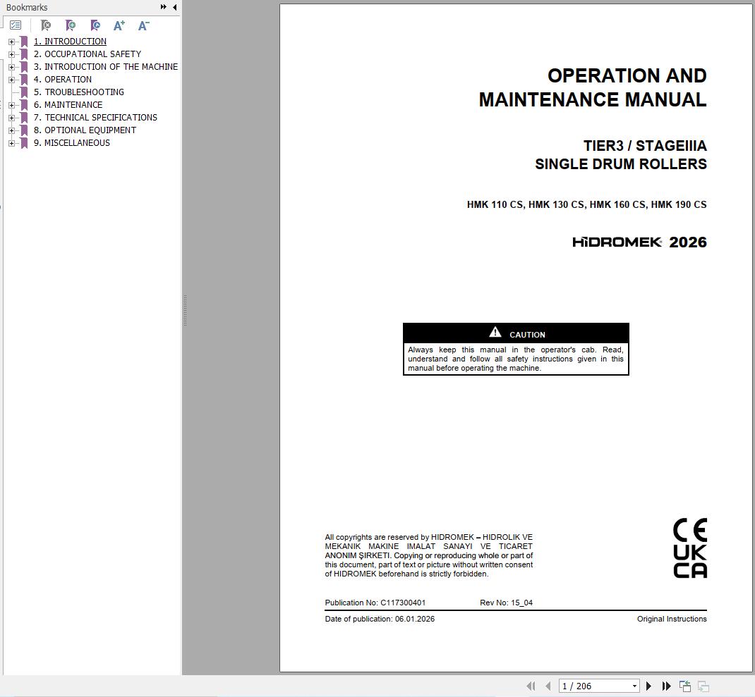 Hidromek Soil Compactor HMK110CS to HMK190CS Operation Manual C117300401 2026 (1)