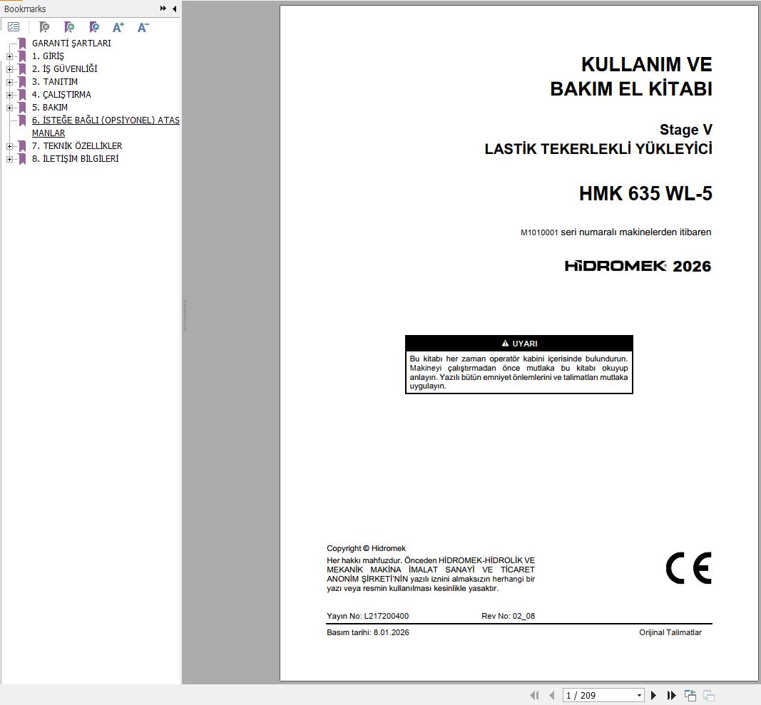 Hidromek Wheel Loader HMK635WL 5 Stage 5 Operation Manual L217200400 2026 TR (1)
