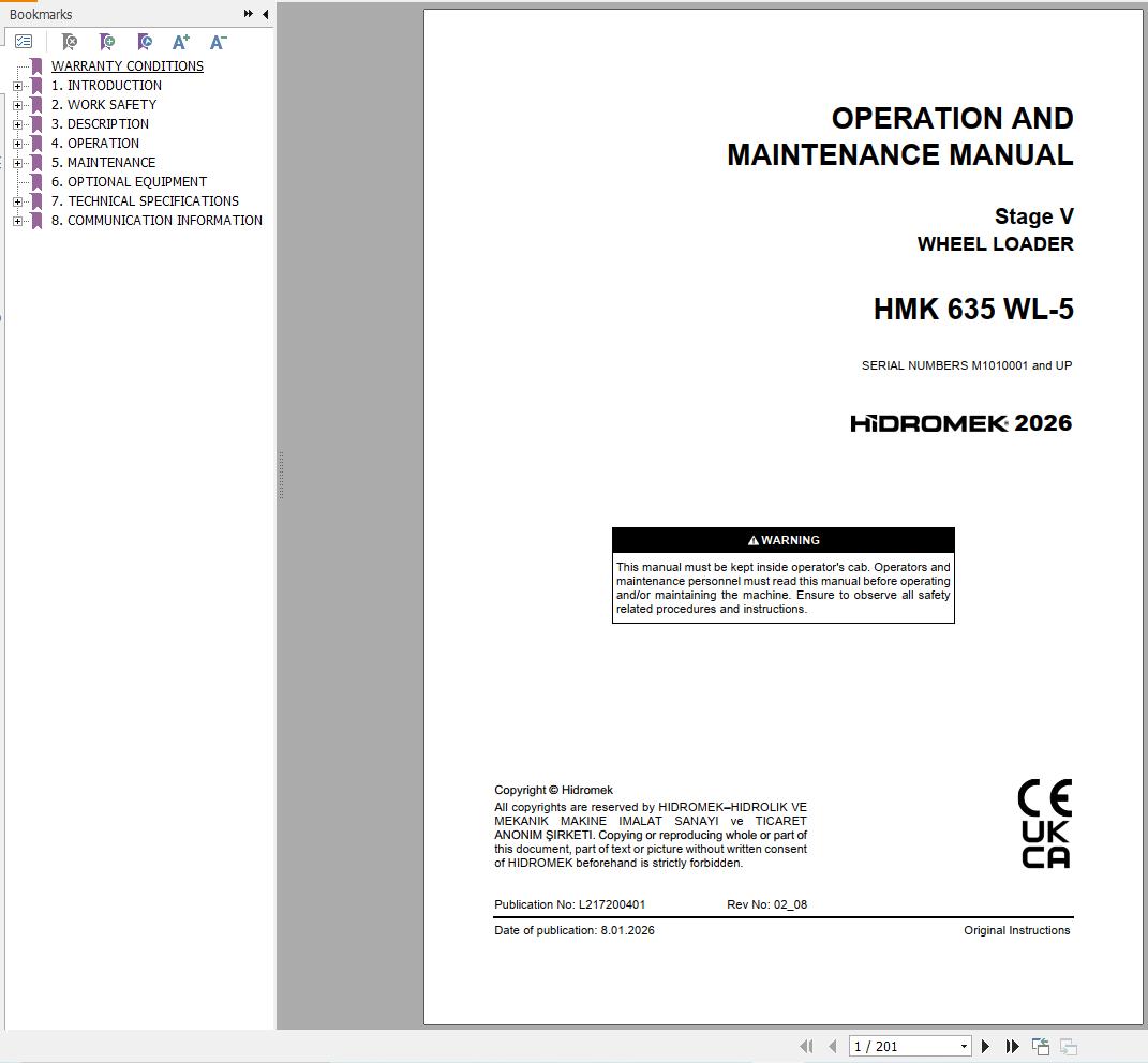Hidromek Wheel Loader HMK635WL 5 Stage 5 Operation Manual L217200401 2026 (1)