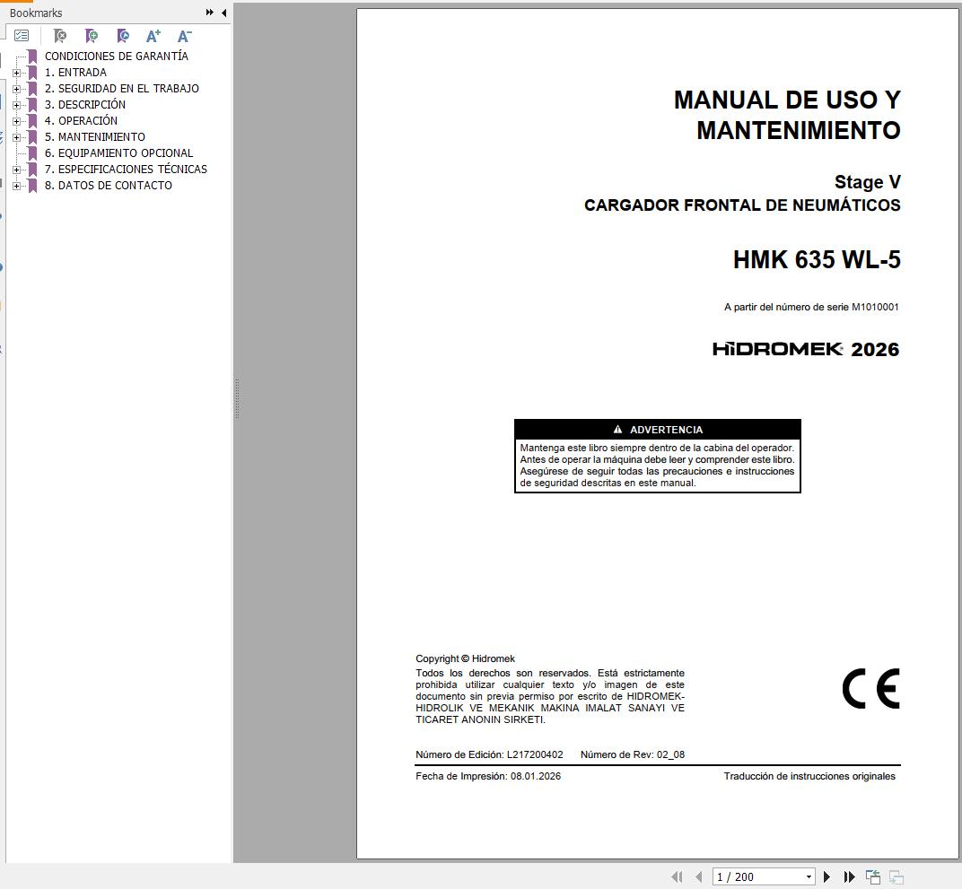 Hidromek Wheel Loader HMK635WL 5 Stage 5 Operation Manual L217200402 2026 ES (1)