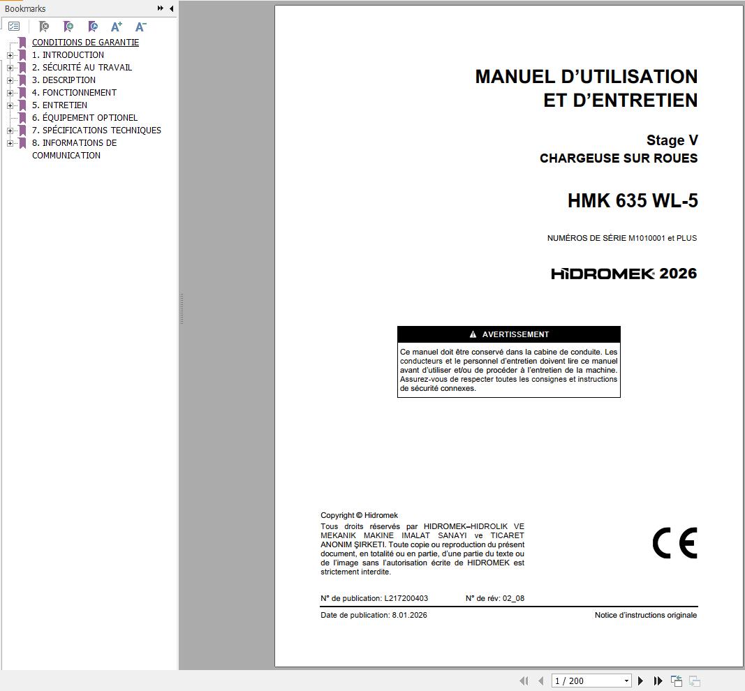 Hidromek Wheel Loader HMK635WL 5 Stage 5 Operation Manual L217200403 2026 FR (1)