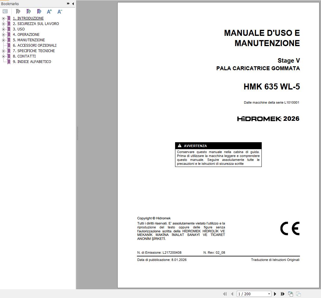 Hidromek Wheel Loader HMK635WL 5 Stage 5 Operation Manual L217200408 2026 IT (1)