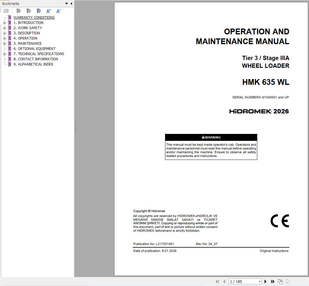 Hidromek Wheel Loader HMK635WL Stage 3 Operation Manual L217201401 2026 (1)