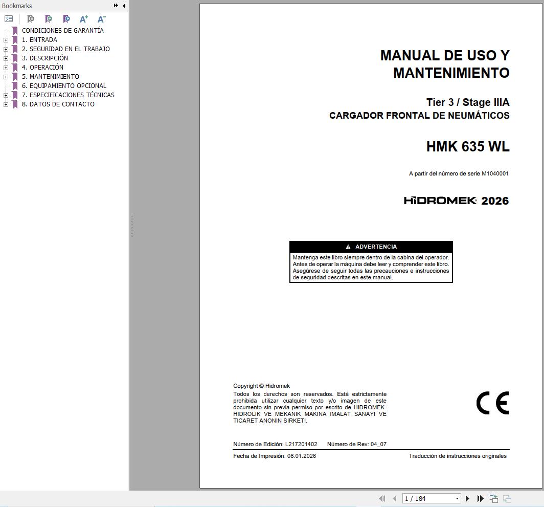Hidromek Wheel Loader HMK635WL Stage 3 Operation Manual L217201402 2026 ES (1)