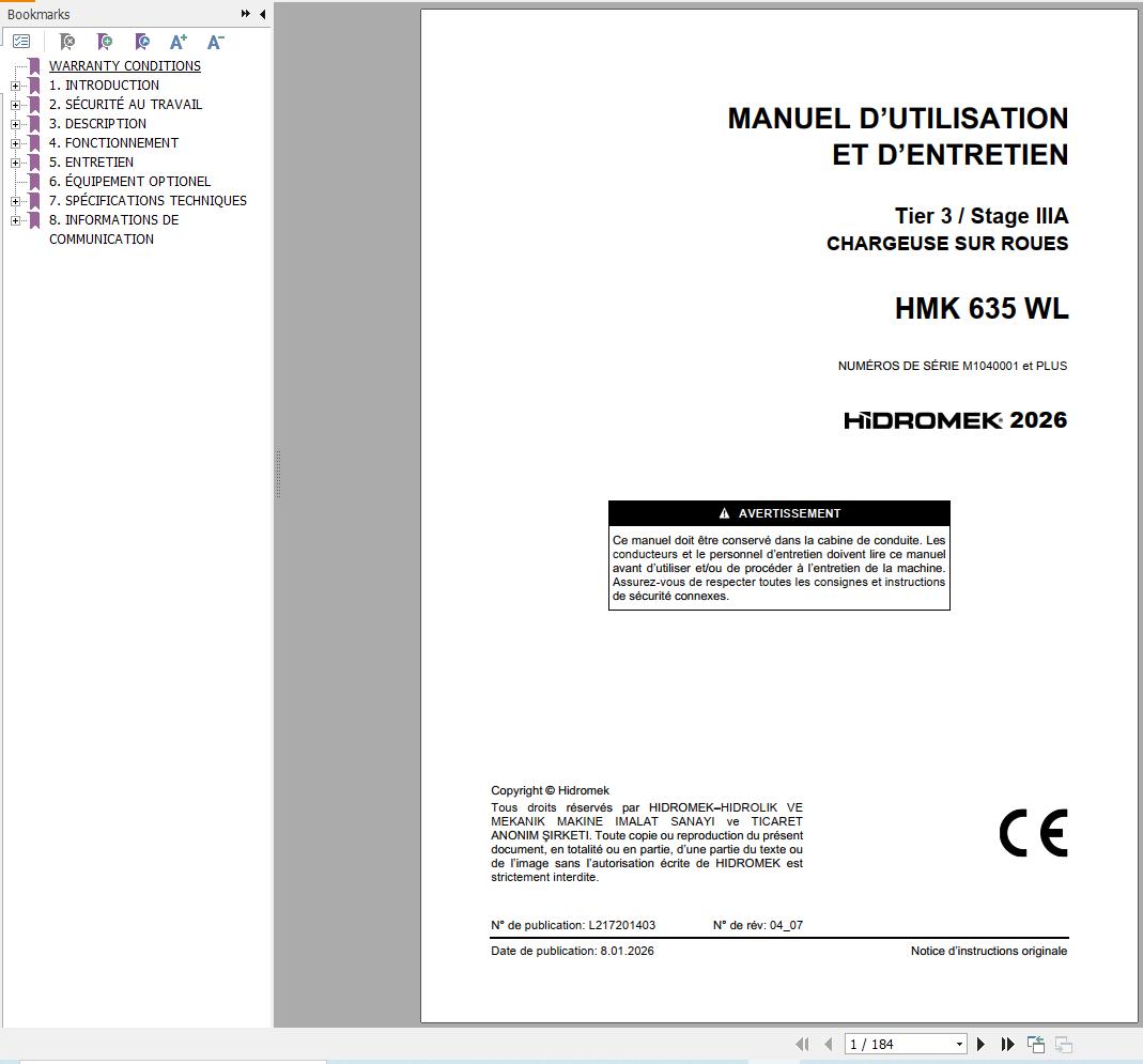 Hidromek Wheel Loader HMK635WL Stage 3 Operation Manual L217201403 2026 FR (1)