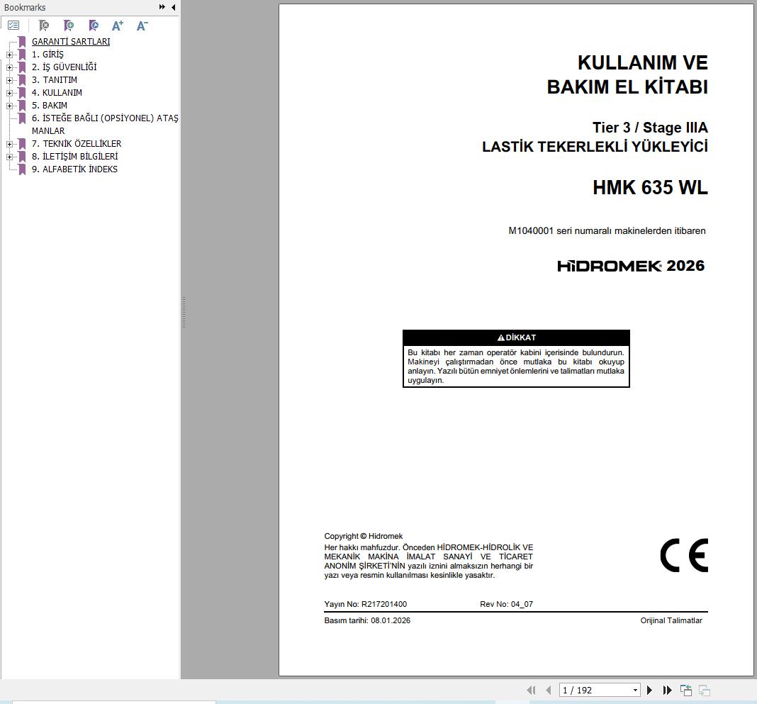 Hidromek Wheel Loader HMK635WL Stage 3 Operation Manual R217201400 2026 TR (1)