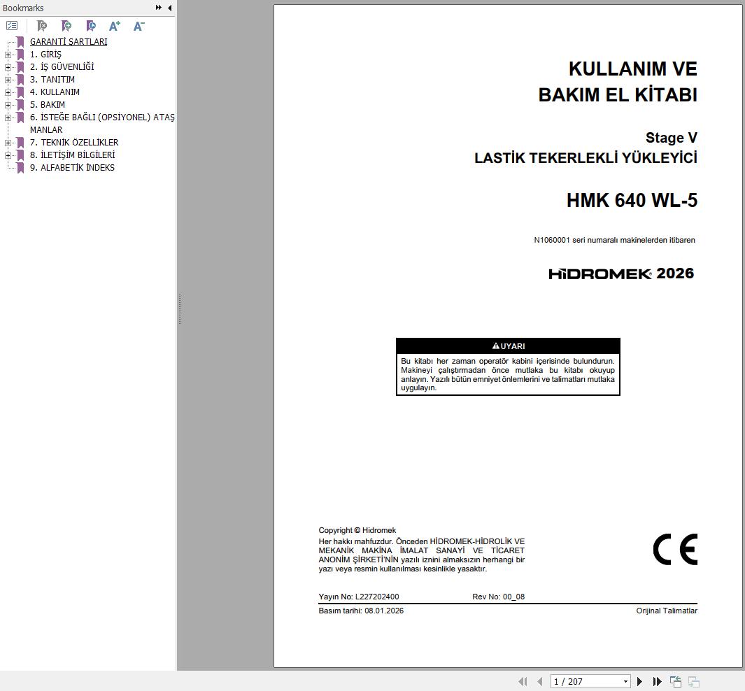 Hidromek Wheel Loader HMK640WL 5 Stage5 Operation Manual L227202400 2026 TR (1)