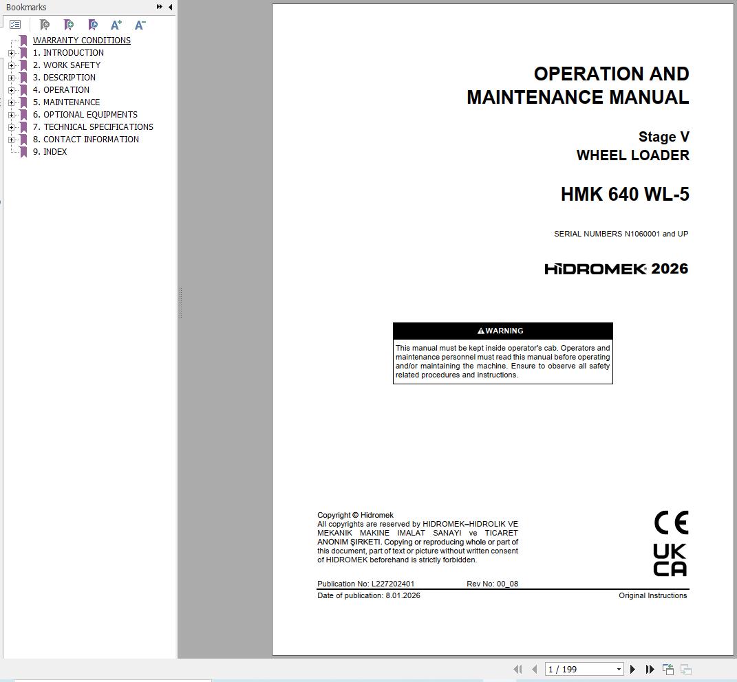 Hidromek Wheel Loader HMK640WL 5 Stage5 Operation Manual L227202401 2026 (1)