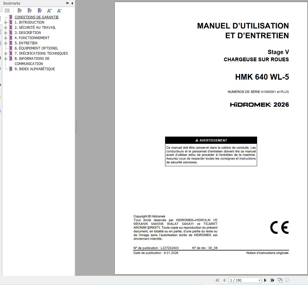 Hidromek Wheel Loader HMK640WL 5 Stage5 Operation Manual L227202403 2026 FR (1)