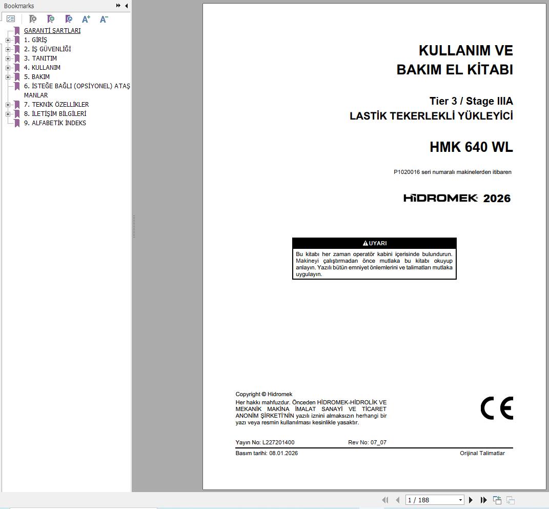 Hidromek Wheel Loader HMK640WL Stage 3 Operation Manual L227201400 2026 TR (1)