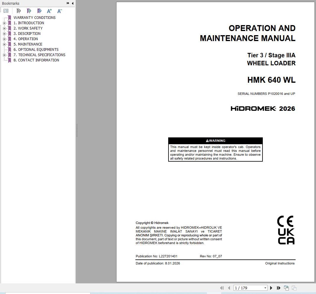 Hidromek Wheel Loader HMK640WL Stage 3 Operation Manual L227201401 2026 (1)