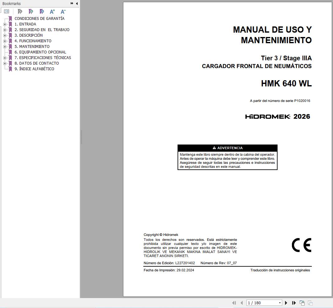 Hidromek Wheel Loader HMK640WL Stage 3 Operation Manual L227201402 2026 ES (1)