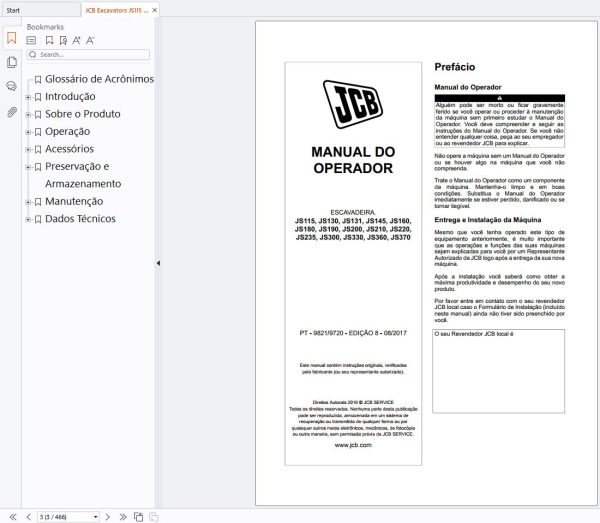JCB Excavators JS115 to JS370 Operators Manual 9821 9720 PT (2)