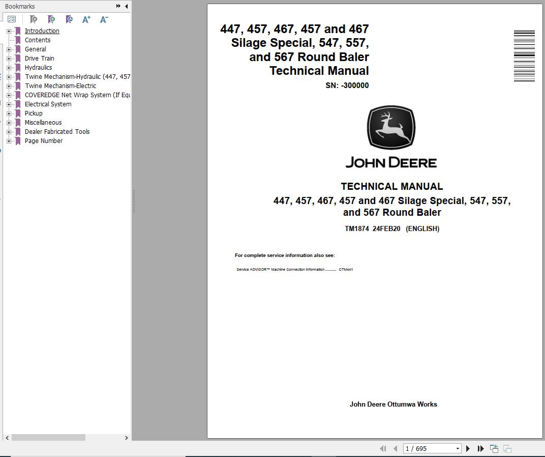 John Deere Round Baler 447 457 467 Silage Special 547 557 567 Repair Manual TM1874 1