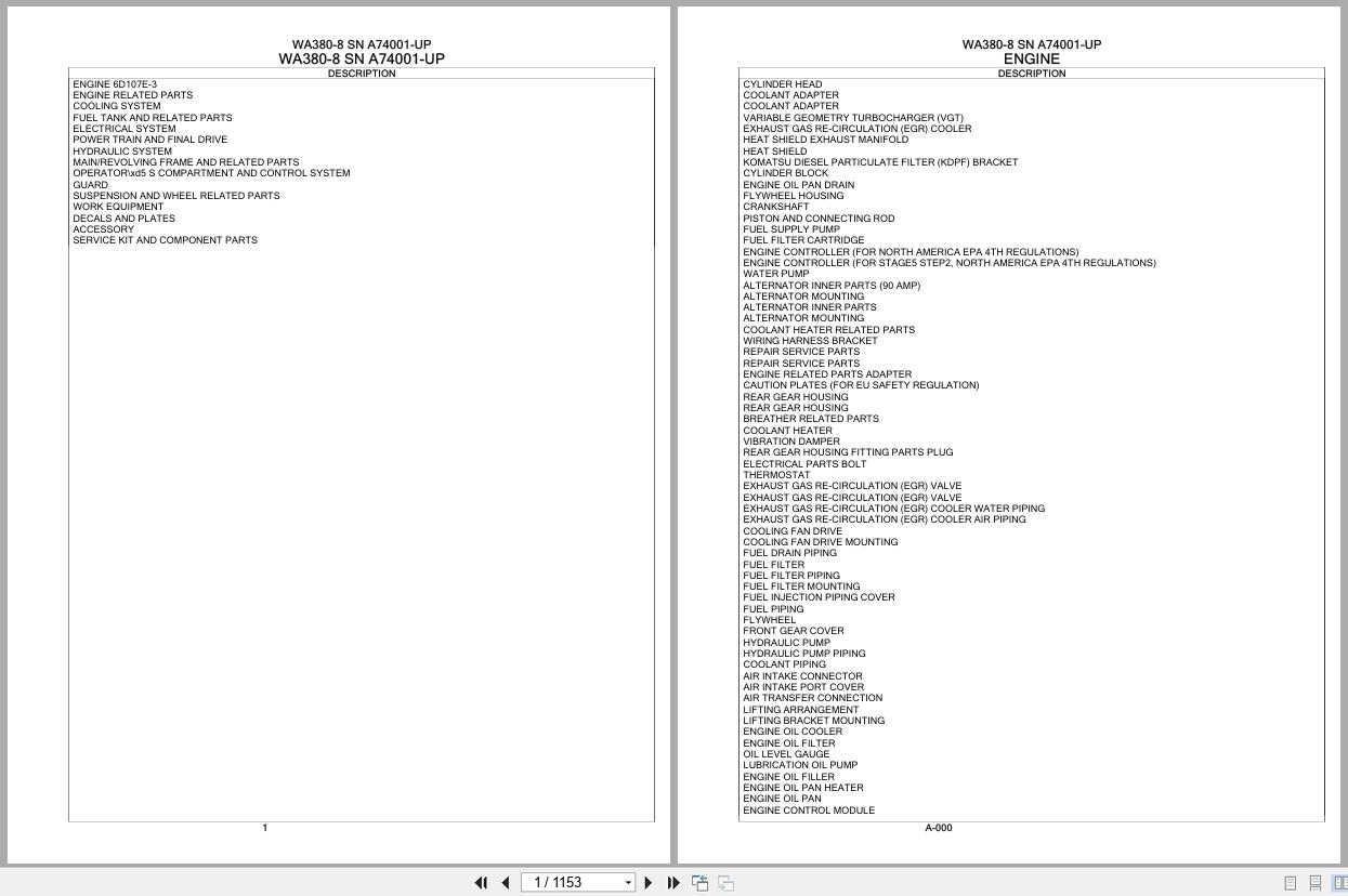 Komatsu Wheel Loader WA380 8 SN A74001 UP Parts Catalog (1)