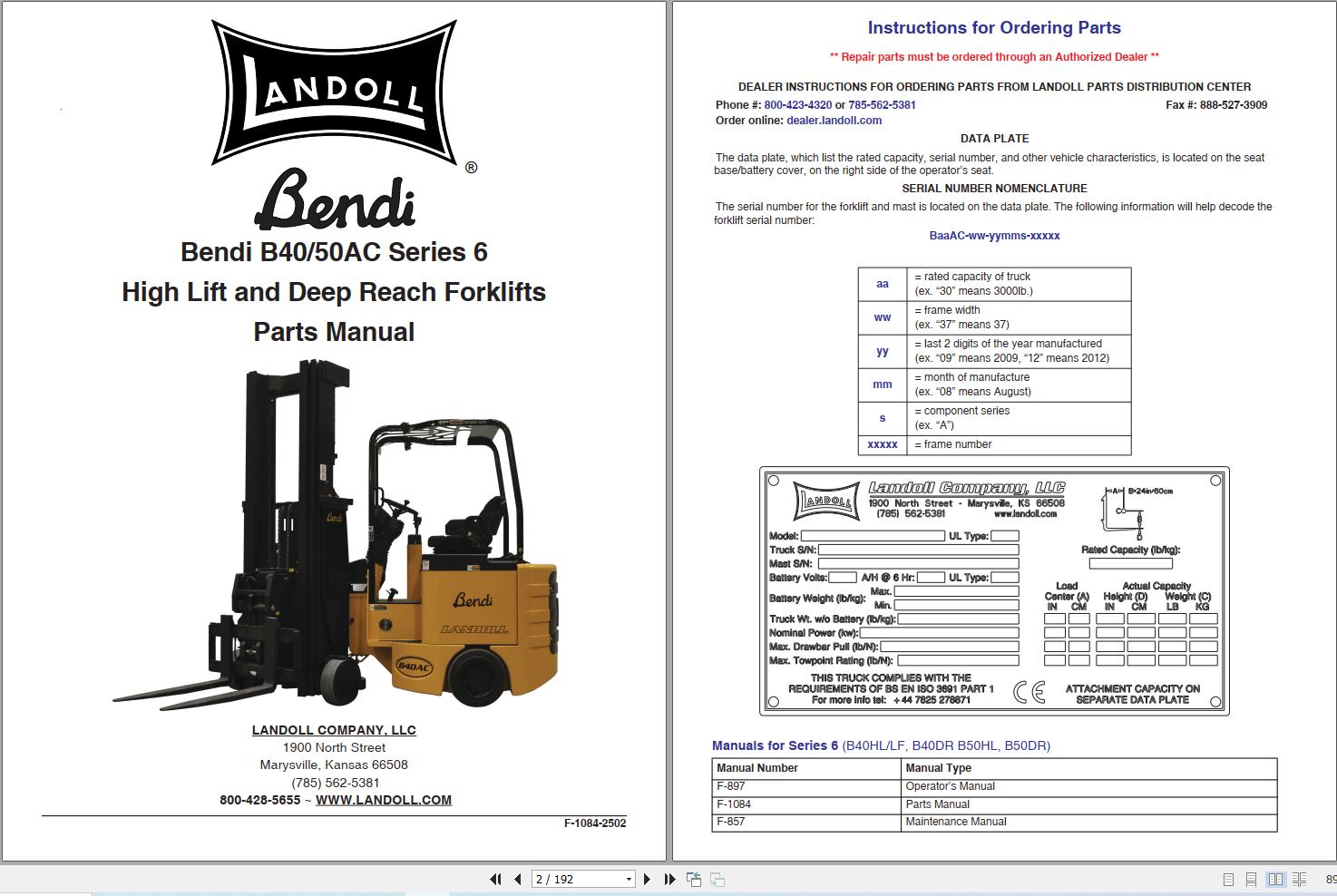 Landoll Bendi Forklift B40 50 AC Series 6 Parts Manual F 1084 2502 2025 (1)