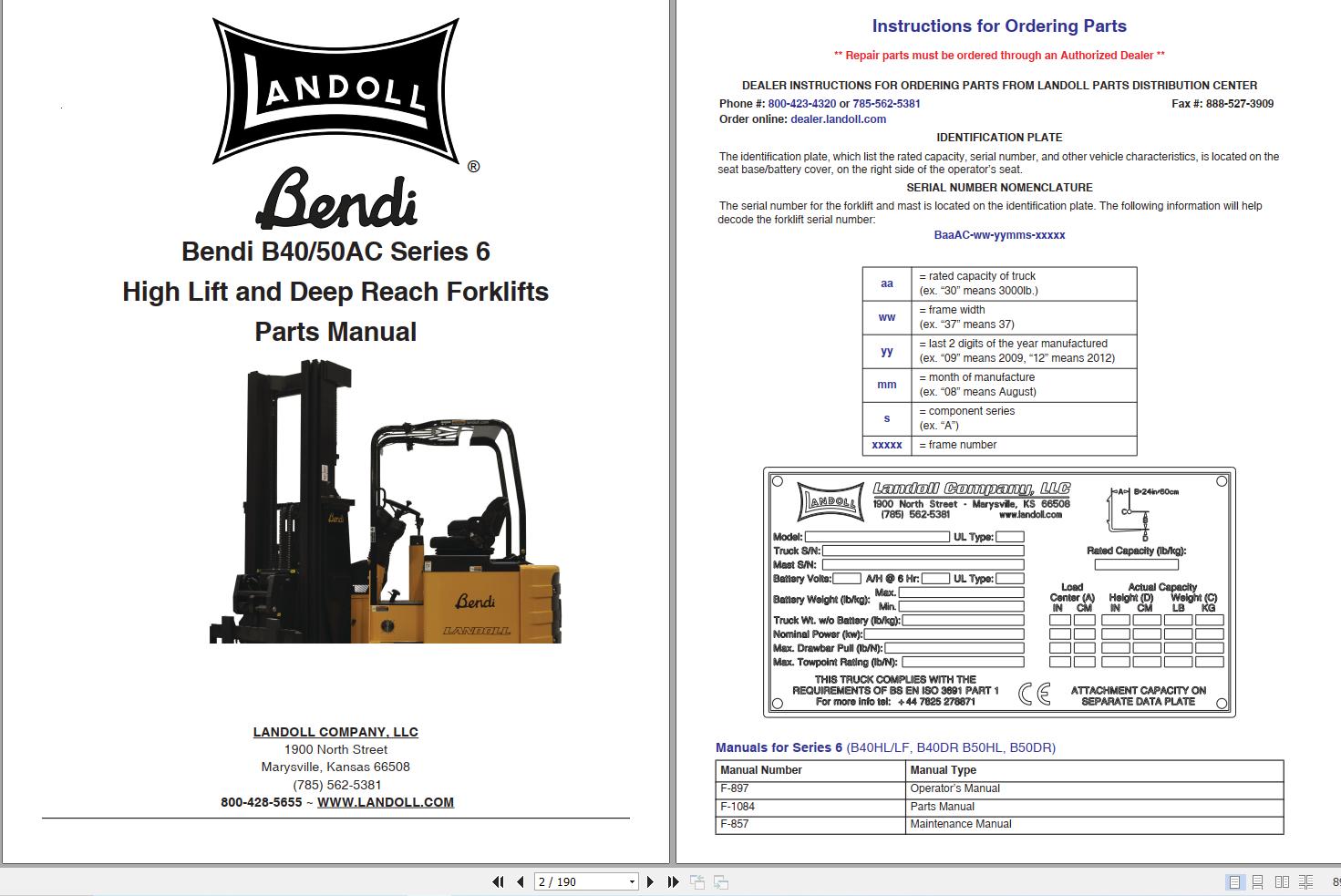 Landoll Bendi Forklift B40 50AC Series 6 Parts Manual F 1084 2306 (1)