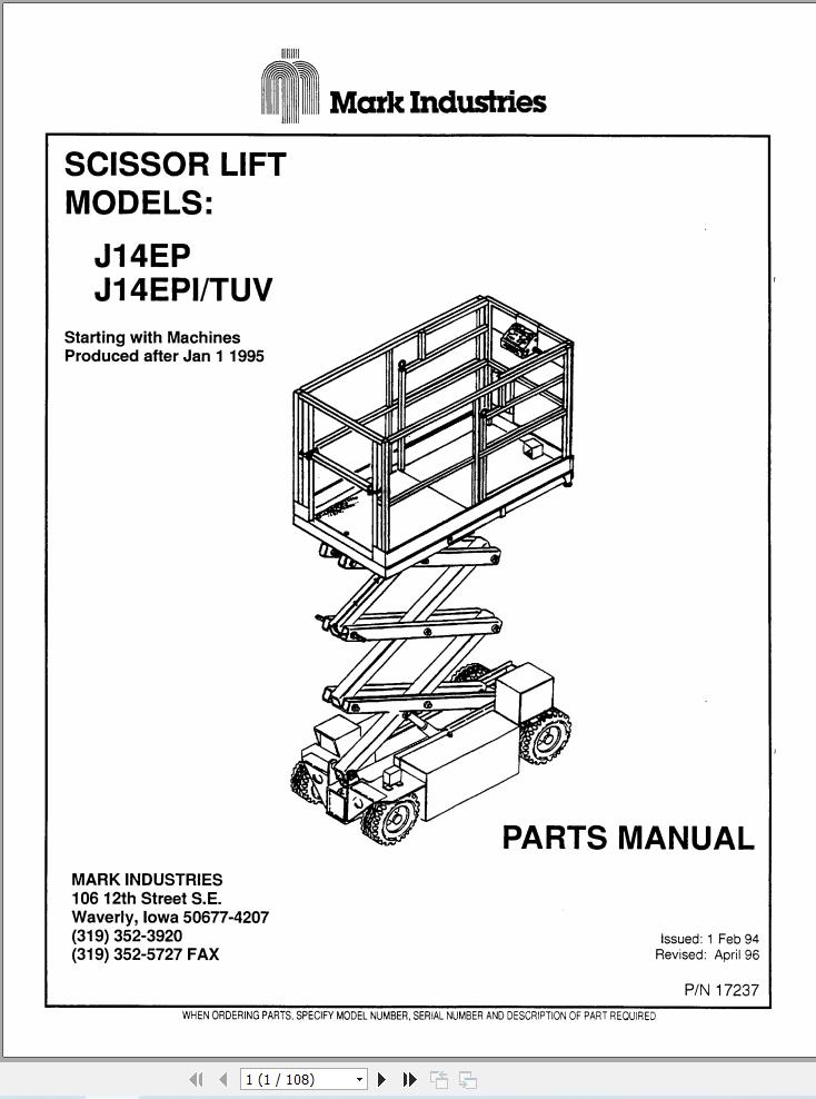 Marklift Scissor Lift J14EP J14EPI J14TUV Parts Manual 17237 (1)