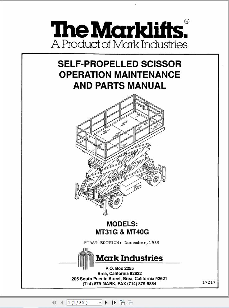 Marklift Scissor Lift MT31G MT40G Parts Operation Manual 17217 (1)