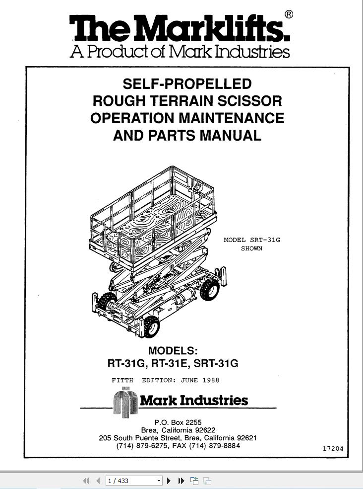Marklift Scissor Lift RT31G RT31E SRT31G Parts Operation Manual 17204 (1)
