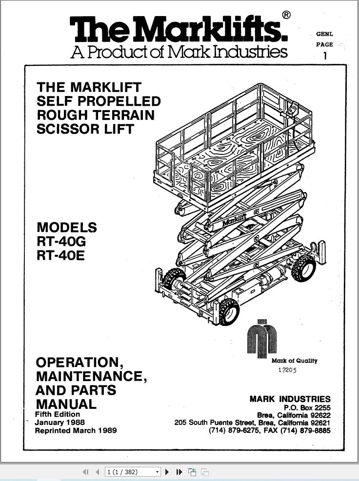Marklift Scissor Lift RT40G RT40E Parts Operation Manual 17205 (1)