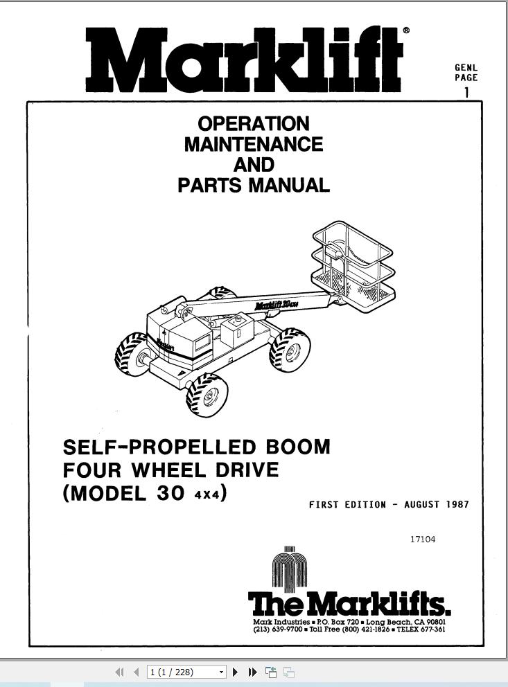 Marklift Self Propelled Boom 30 4x4 Parts Operation Manual 17104 (1)
