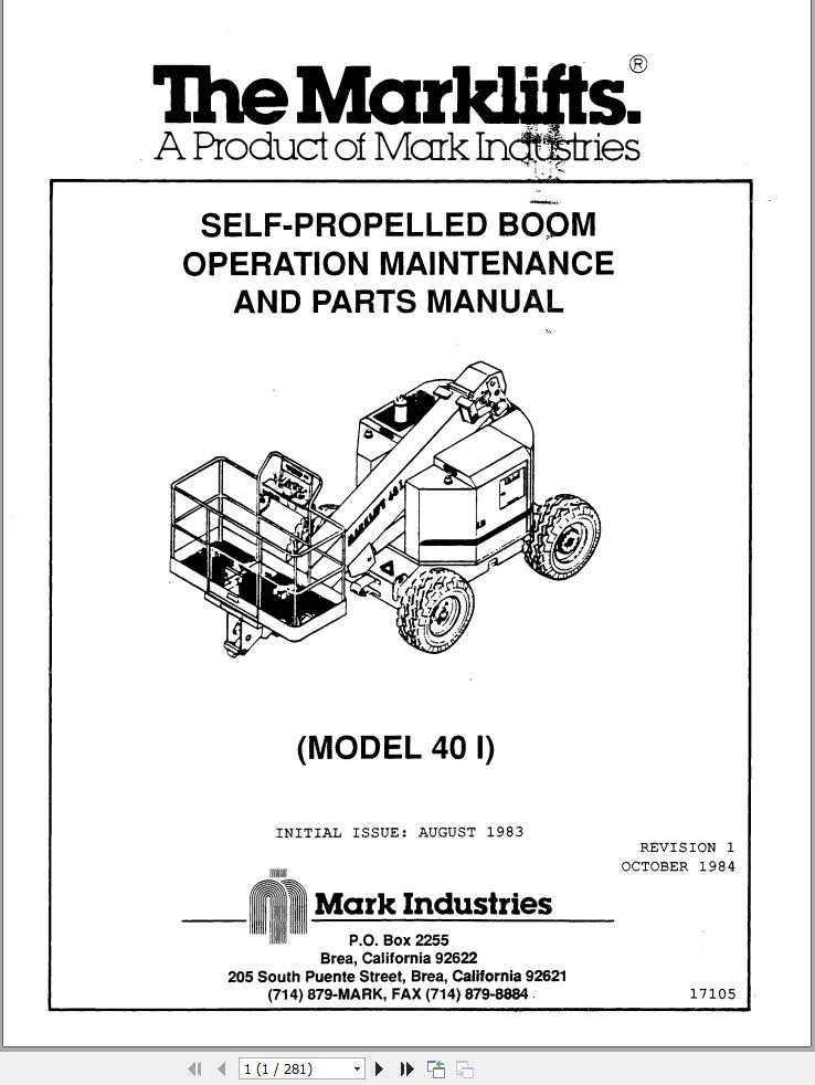 Marklift Self Propelled Boom 40I Parts Operation Manual 17105 (1)
