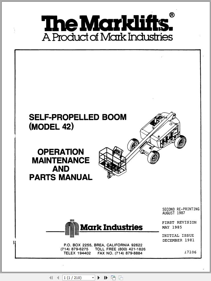 Marklift Self Propelled Boom 42 Parts Operation Manual 17106 (1)