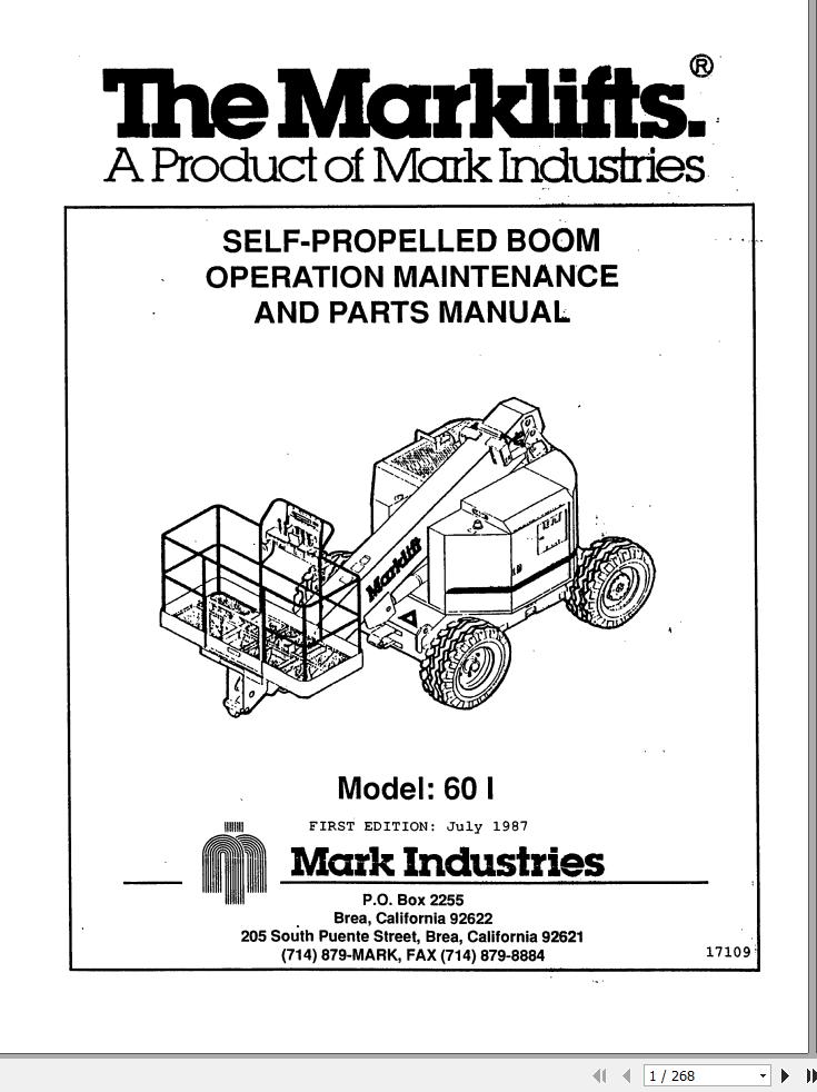 Marklift Self Propelled Boom 60I Operation Maintenance Parts Manual 17109 (1)