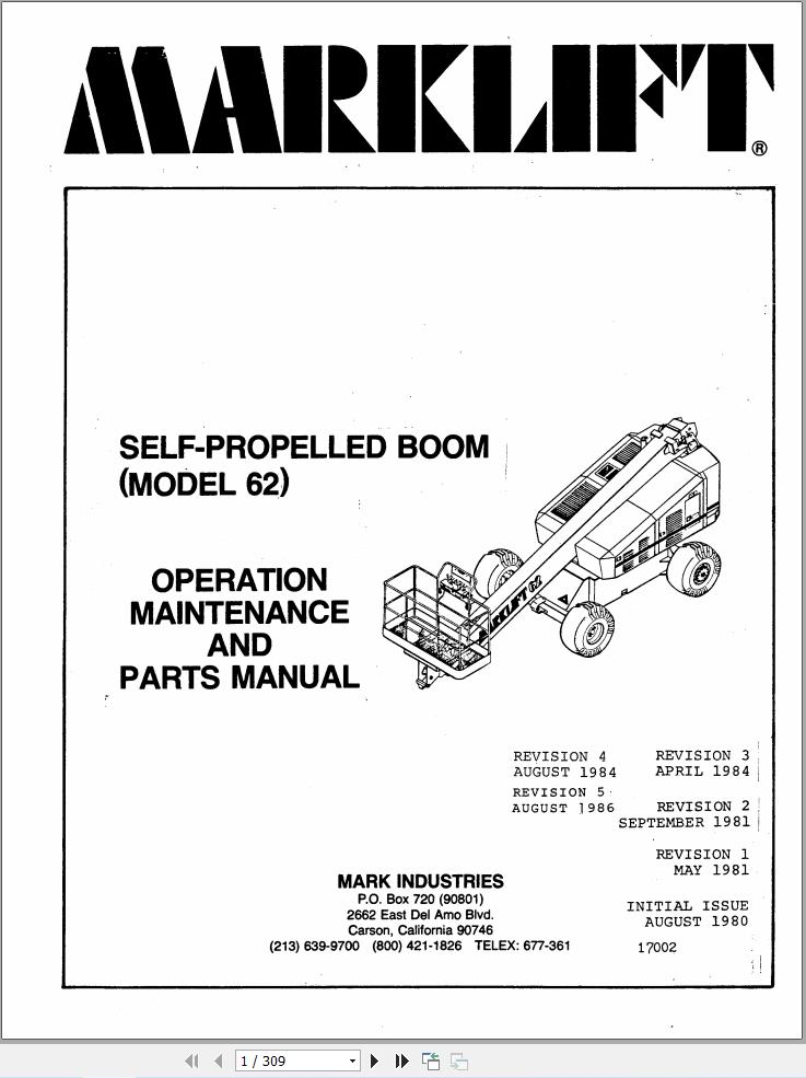 Marklift Self Propelled Boom 62 Parts Operation Manual 17002 (1)