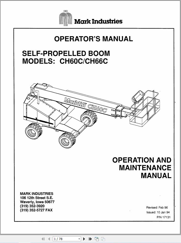 Marklift Self Propelled Boom CH60C CH66C Operation Maintenance Parts Manual 17131 (1)