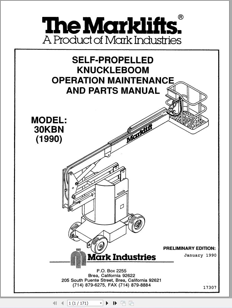 Marklift Self Propelled Knuckle Boom 30KBN Parts Operation Manual 17307 (1)