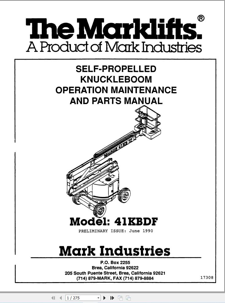 Marklift Self Propelled Knuckle Boom 41KBDF Parts Operation Manual 17308 (1)