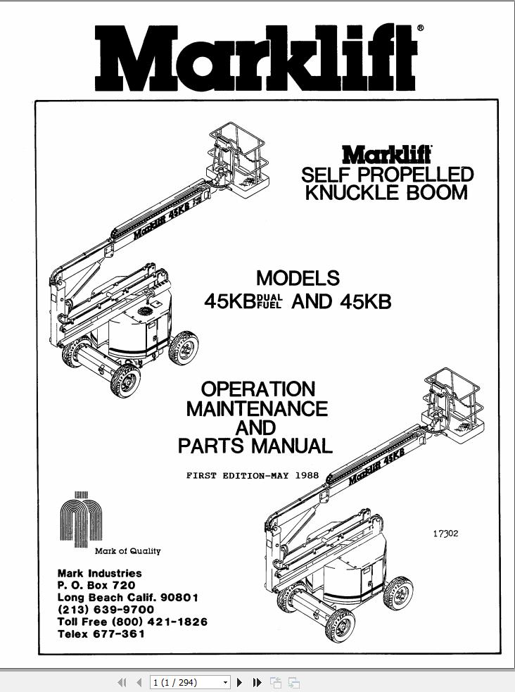 Marklift Self Propelled Knuckle Boom 45KB Operation Maintenance Parts Manual 17302 (1)