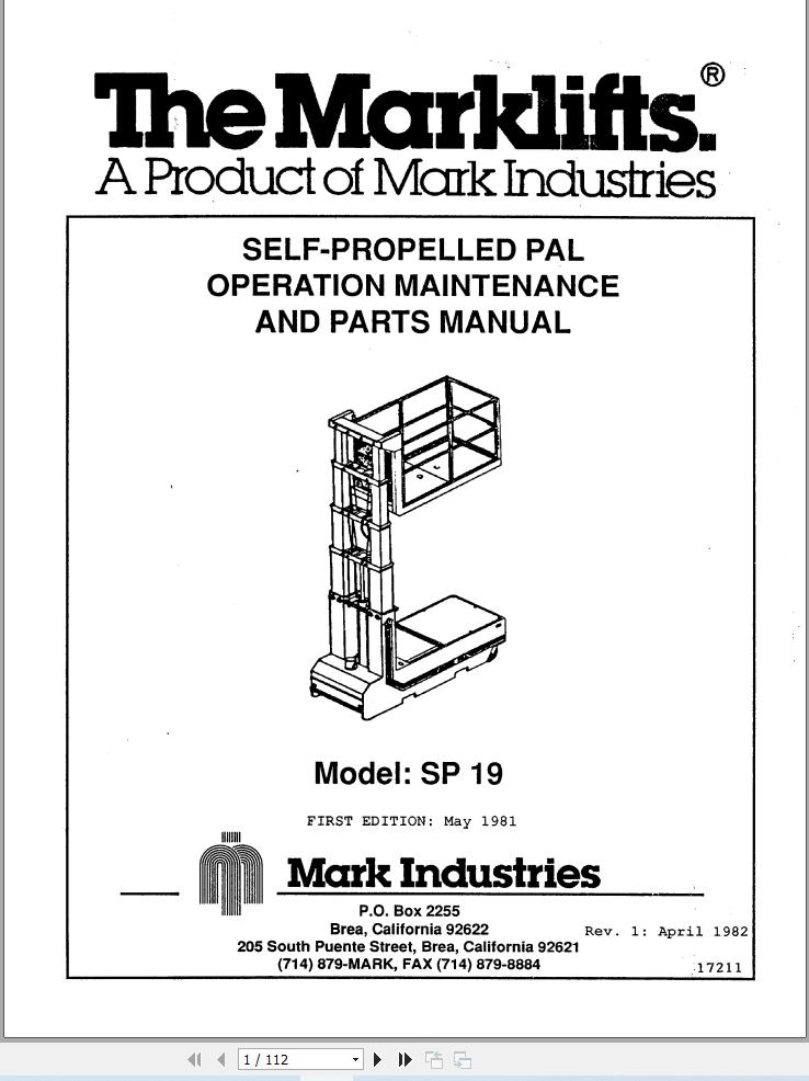 Marklift Self Propelled Pal SP19 Parts Operation Manual 17211 (1)