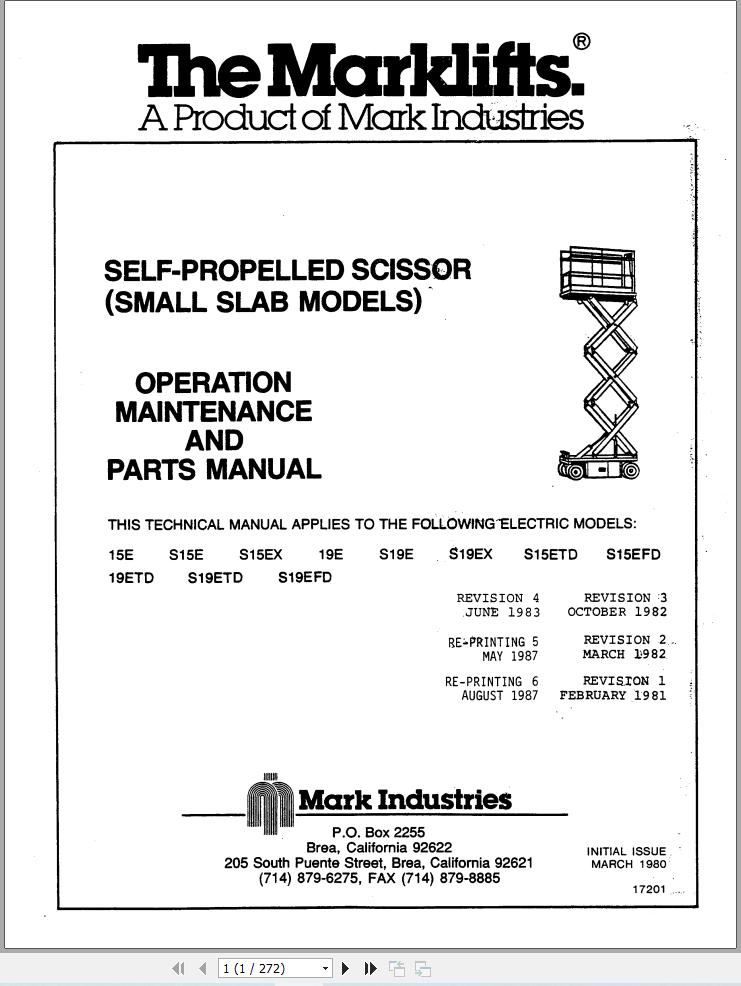 Marklift Self Propelled Scissor 15E to S19EFD Parts Operation Manual 17201 (1)
