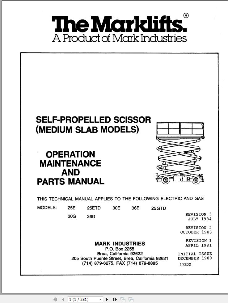 Marklift Self Propelled Scissor 25E to 36G Parts Operation Manual 17202 (1)