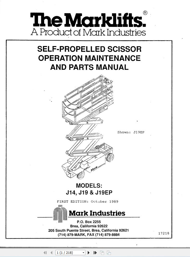 Marklift Self Propelled Scissor J14 J19 J19EP Parts Operation Manual 17218 (1)