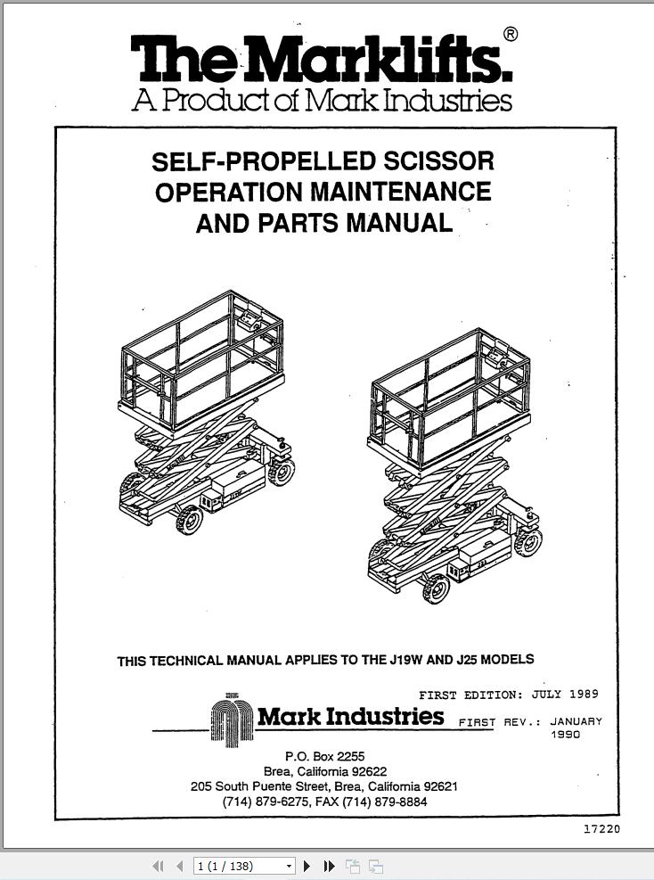 Marklift Self Propelled Scissor J19W J25 Parts Operation Manual 17220 (1)