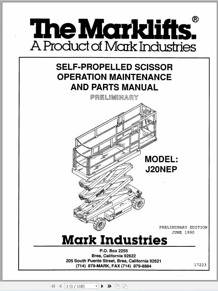 Marklift Self Propelled Scissor J20NEP Parts Operation Manual 17223 (1)