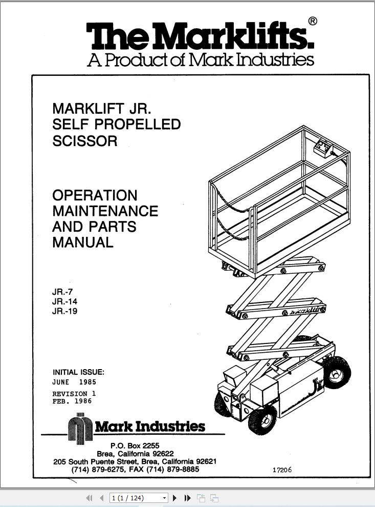 Marklift Self Propelled Scissor JR7 JR14 JR19 Parts Operation Manual 17206 (1)