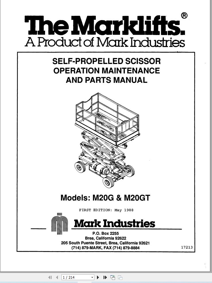 Marklift Self Propelled Scissor M20G M20GT Parts Operation Manual 17213 (1)