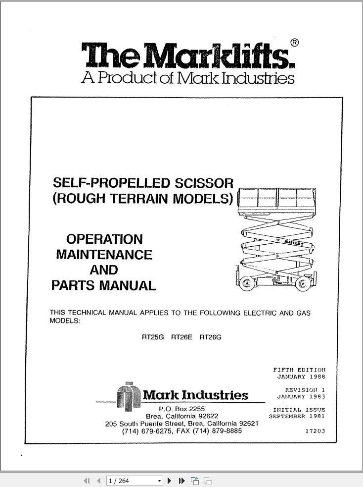 Marklift Self Propelled Scissor RT25G RT26E RT26G Parts Operation Manual 17203 (1)