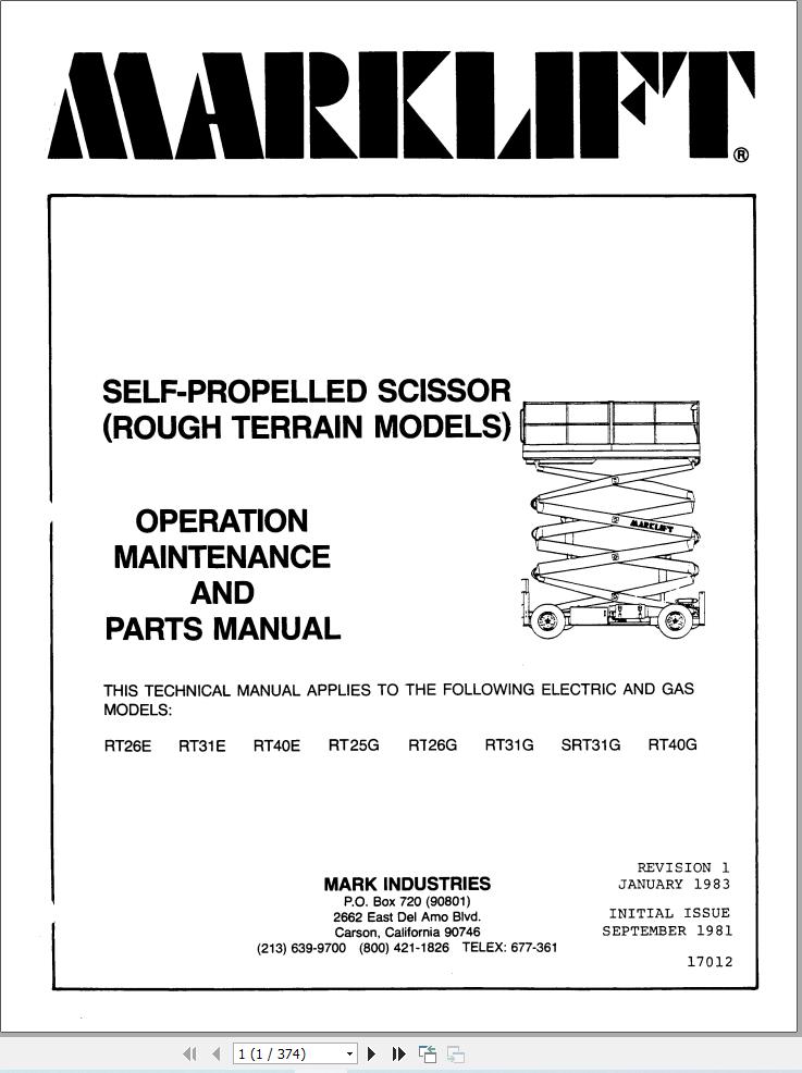 Marklift Self Propelled Scissor RT26E to RT40G Parts Operation Manual 17012 (1)