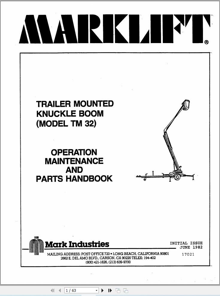Marklift Trailer Mounted Knuckle Boom TM32 Parts Operation Manual 17021 (1)
