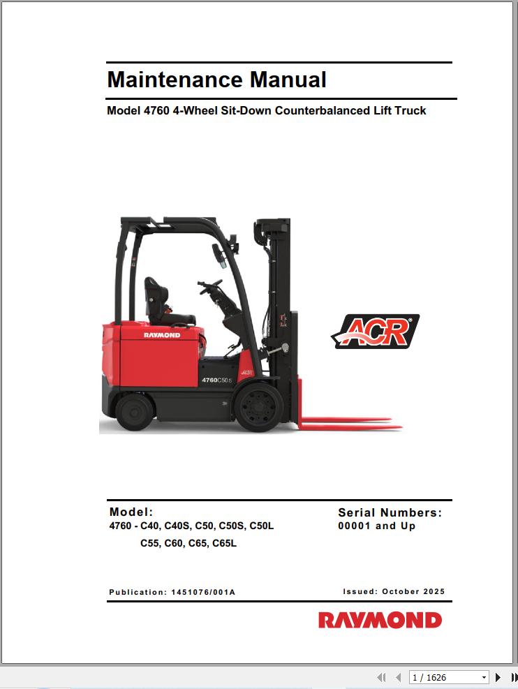 Raymond Forklift 4760 Maintenance Manual 1451076 001A 1