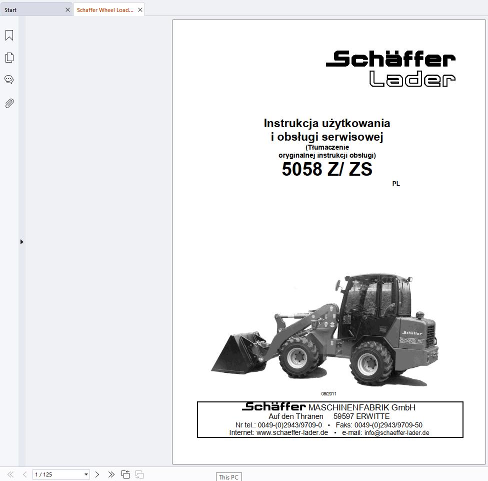 Schaffer Wheel Loader 5058Z 5058ZS Operation Service Manual PL (1)