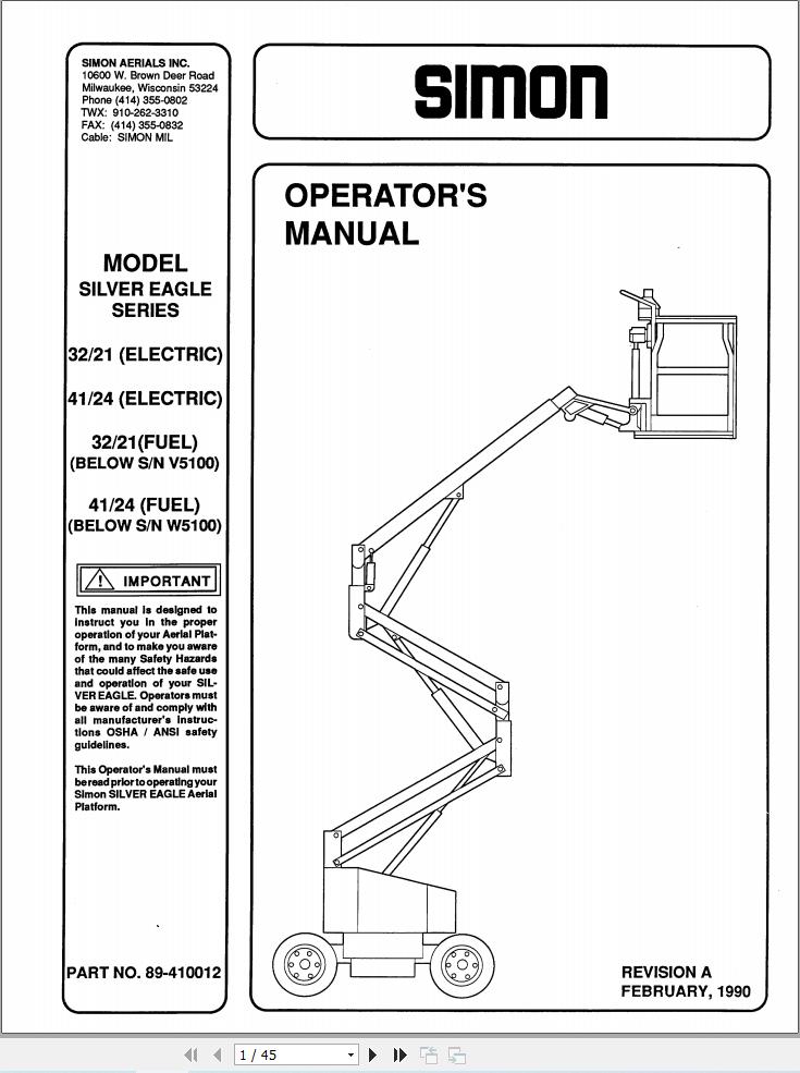 Simon Articulated Boom Lift 32 21 41 24 Operators Manual 89 410012 (1)