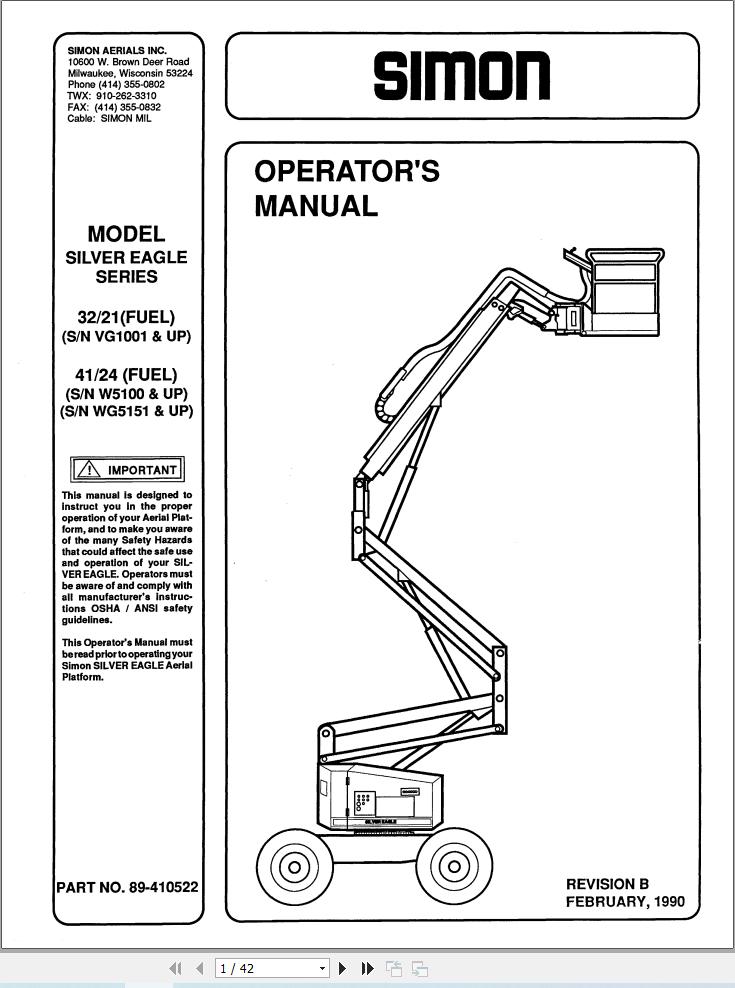 Simon Articulated Boom Lift 32 21 41 24 Operators Manual 89 410522 (1)