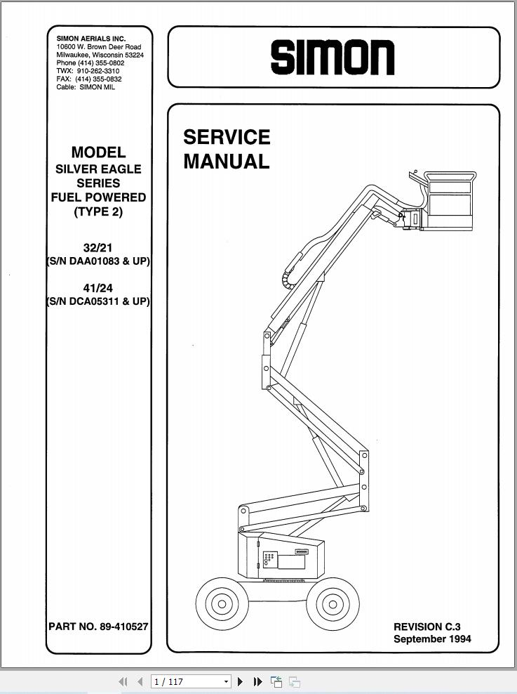 Simon Articulated Boom Lift 32 21 41 24 Service Manual 89 410527 (1)